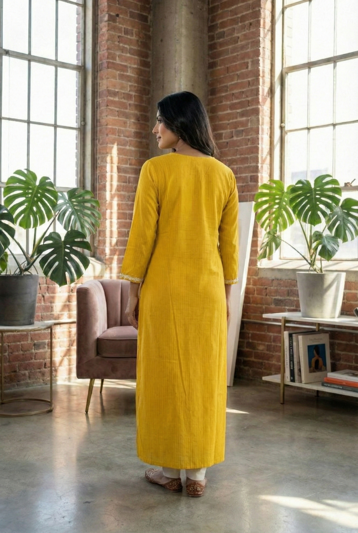 Mustard Rayon Hand Embroidery Kurta
