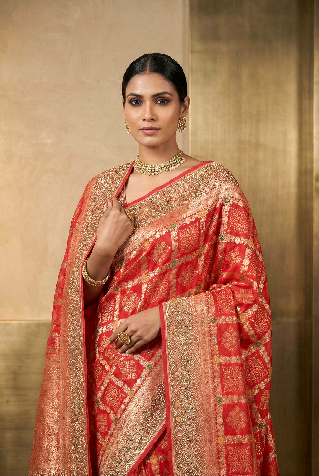Neerus Red Banarasi embellished saree - back view