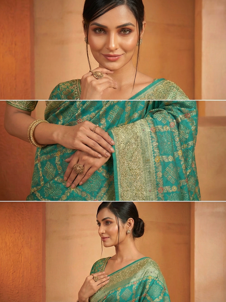 Neerus Green Banarasi printed saree - back view