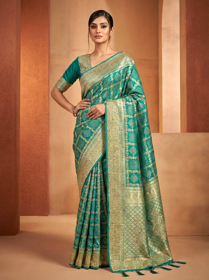 Neerus Green Banarasi printed saree - front view