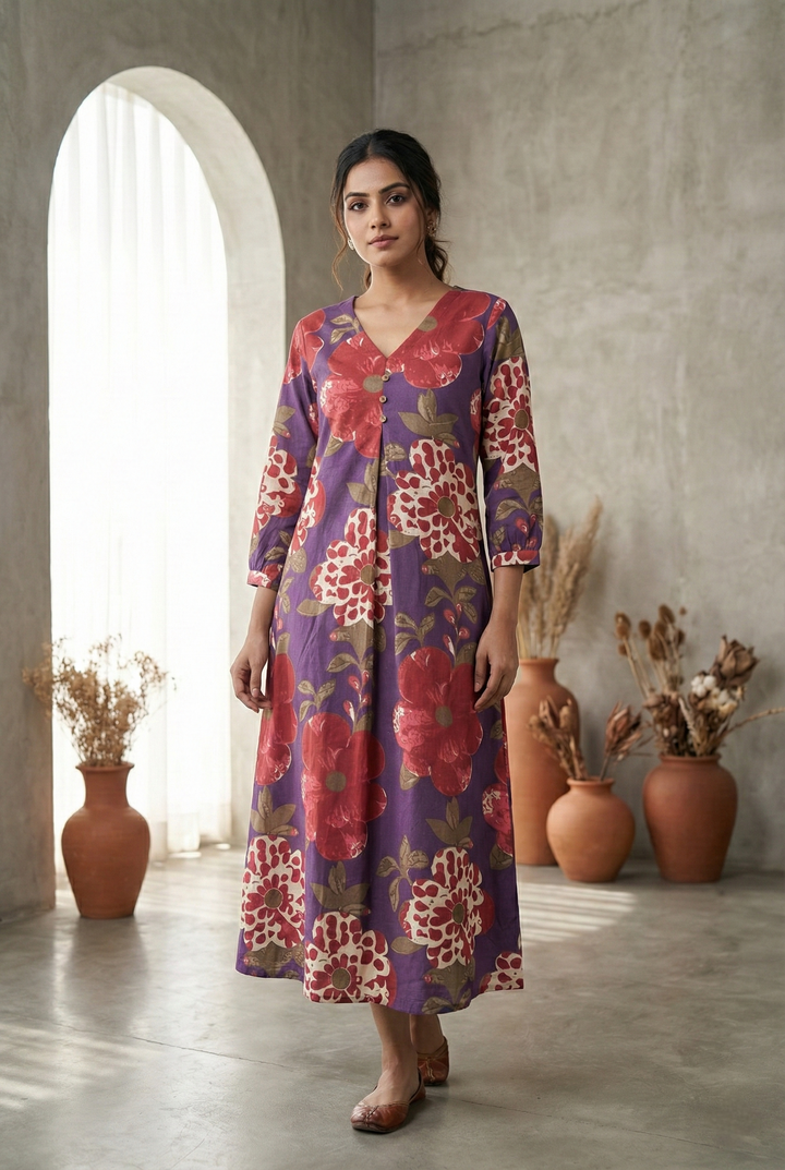 Neerus Purple cotton printed dress - front view