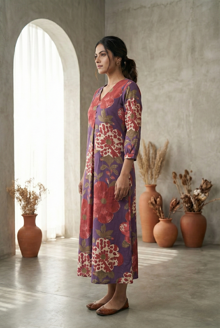 Neerus Purple cotton printed dress - back view