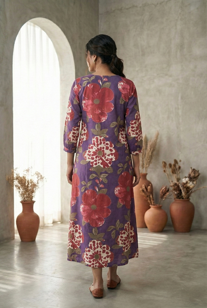 Neerus Purple cotton printed dress - side view