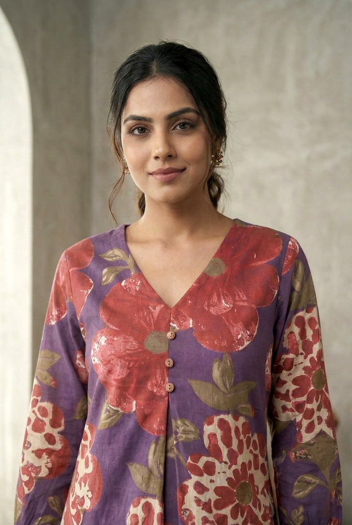 Neerus Purple cotton printed dress - detail view 1