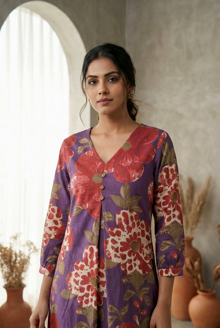 Neerus Purple cotton printed dress - detail view 2