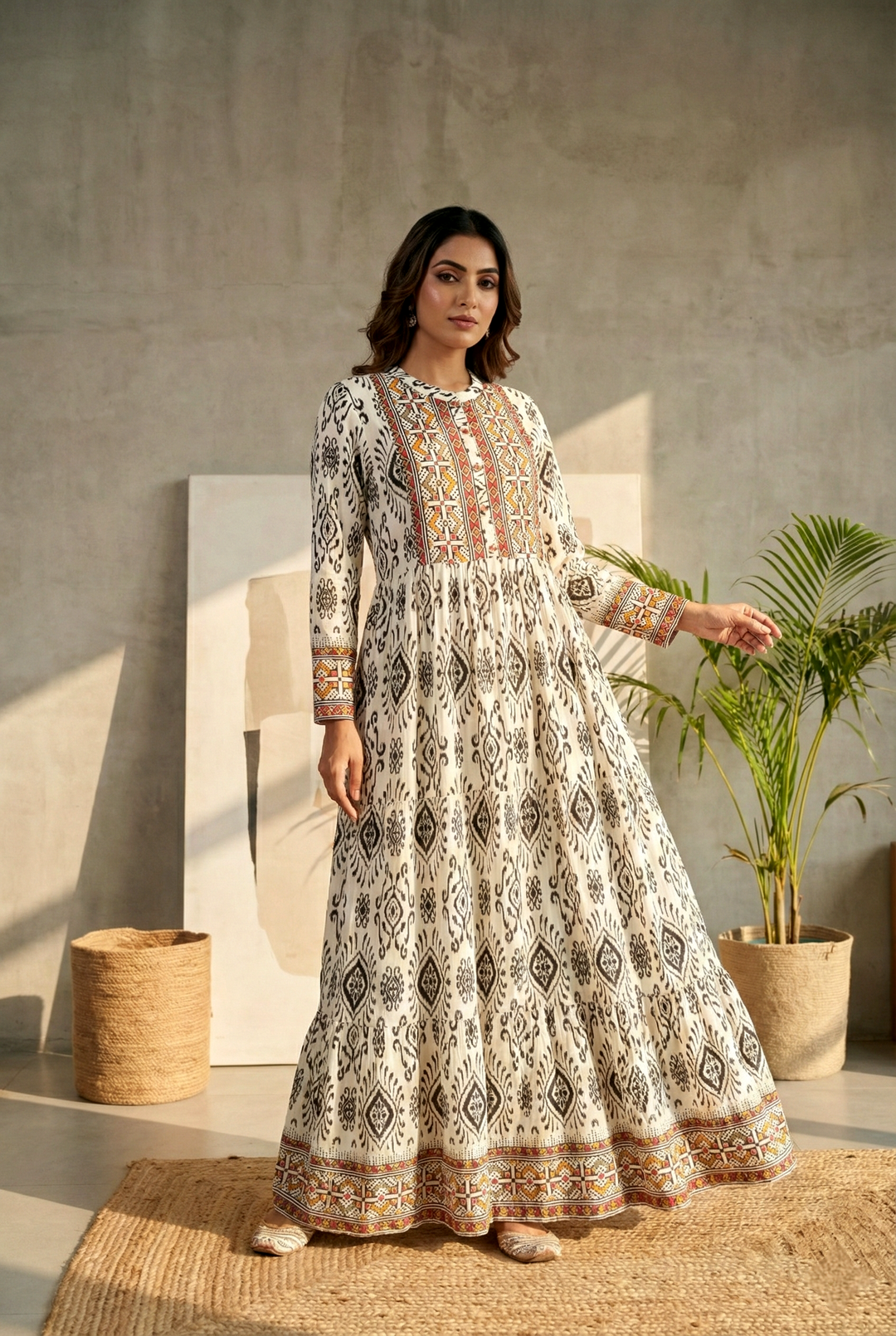 rayon maxi dress Neerus White Ethnic Printed Rayon Maxi Dress for Casual Festive Women – Neerus India