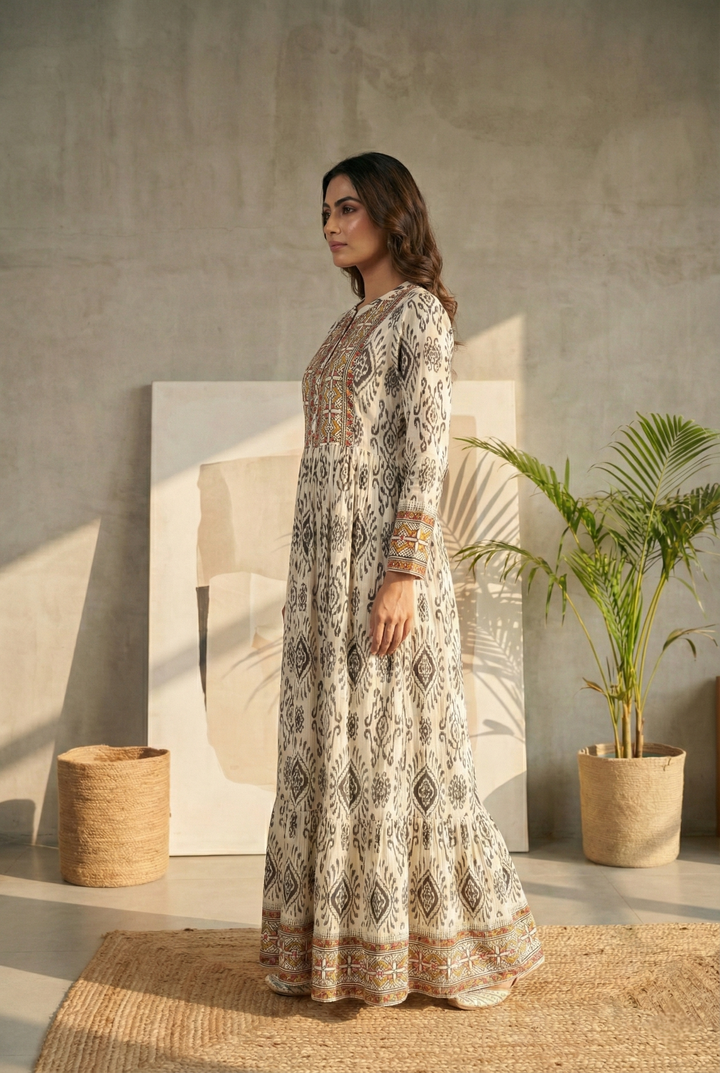 Neerus White rayon printed maxi dress - back view