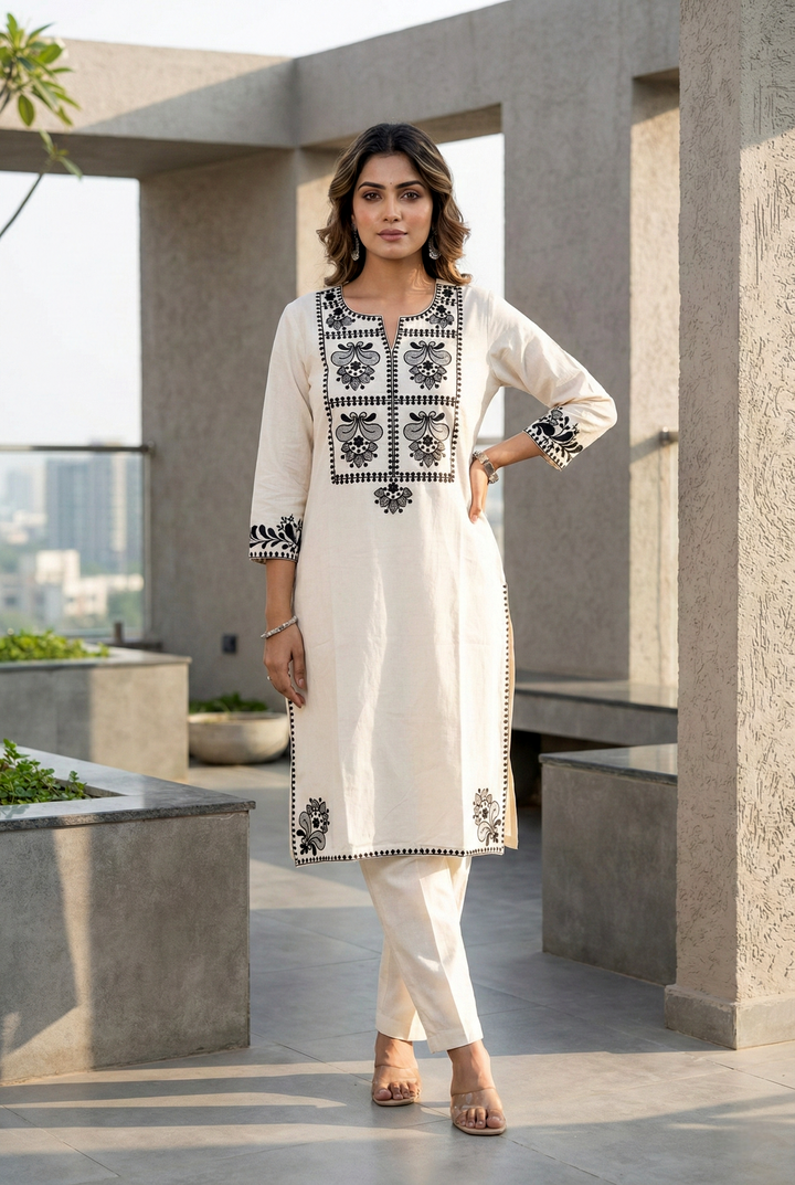 Black Cotton Thread Embroidery Two Piece Set