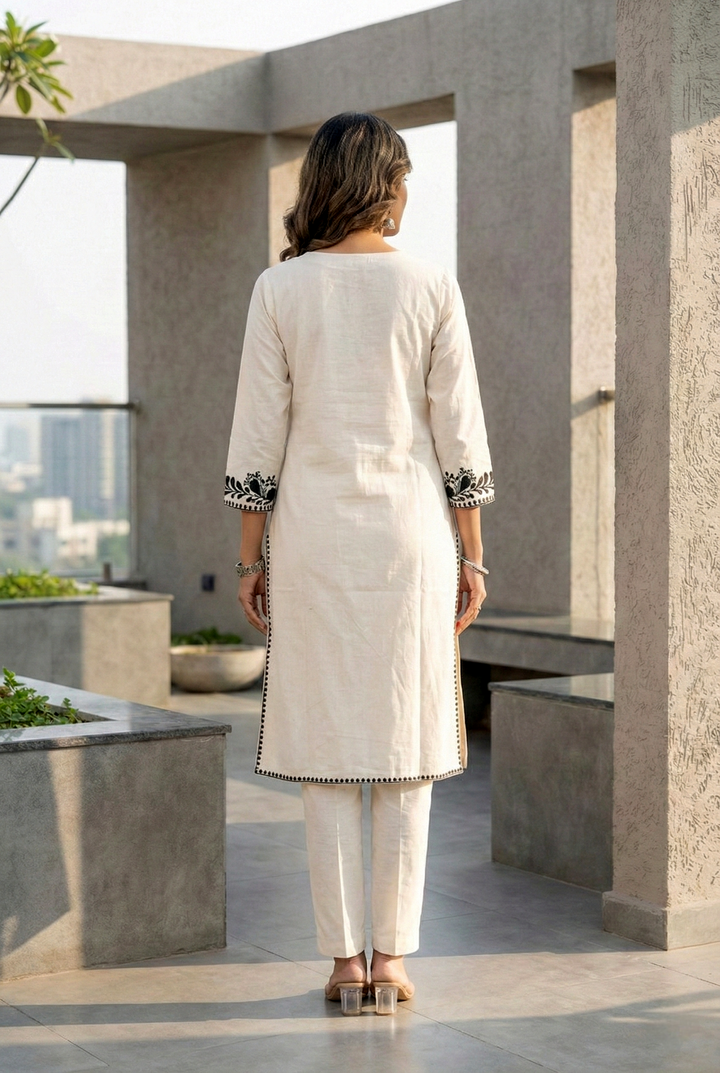 Black Cotton Thread Embroidery Two Piece Set