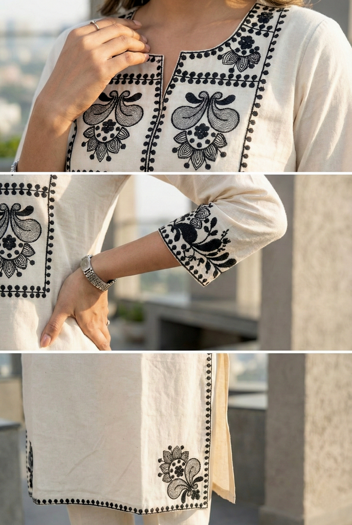 Black Cotton Thread Embroidery Two Piece Set