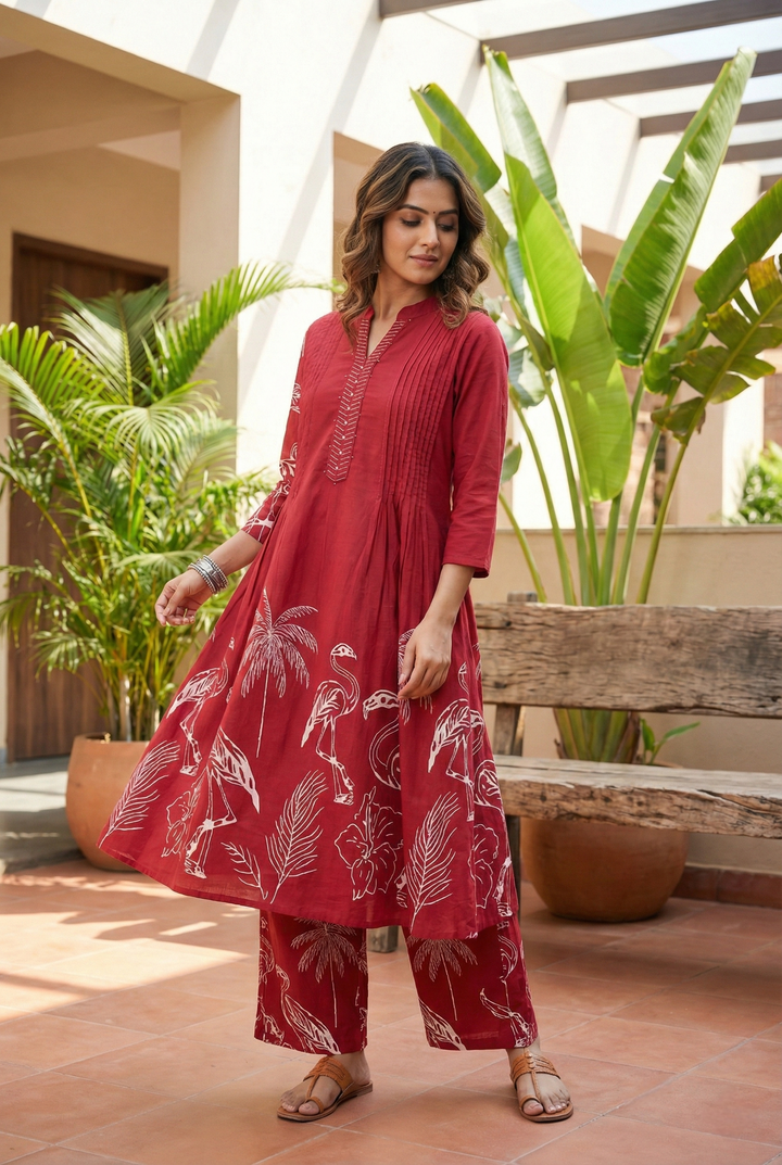 Maroon Cotton Printed Two Piece Set