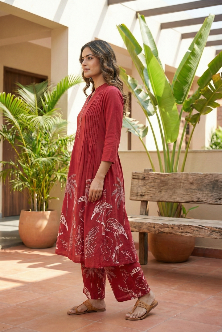 Maroon Cotton Printed Two Piece Set