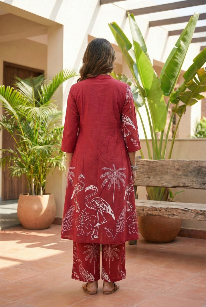 Maroon Cotton Printed Two Piece Set