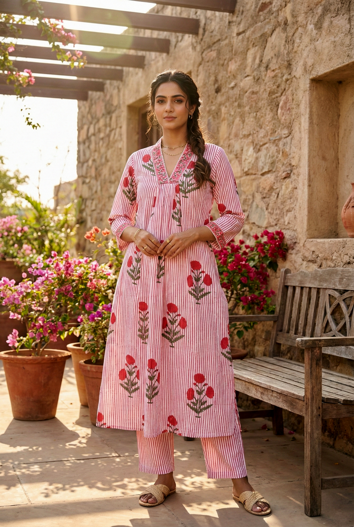 Red Cotton Striped And Floral Printed Two Piece Set