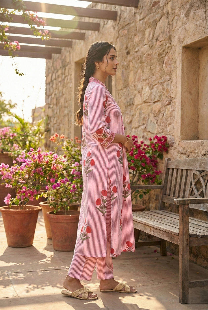 Red Cotton Striped And Floral Printed Two Piece Set