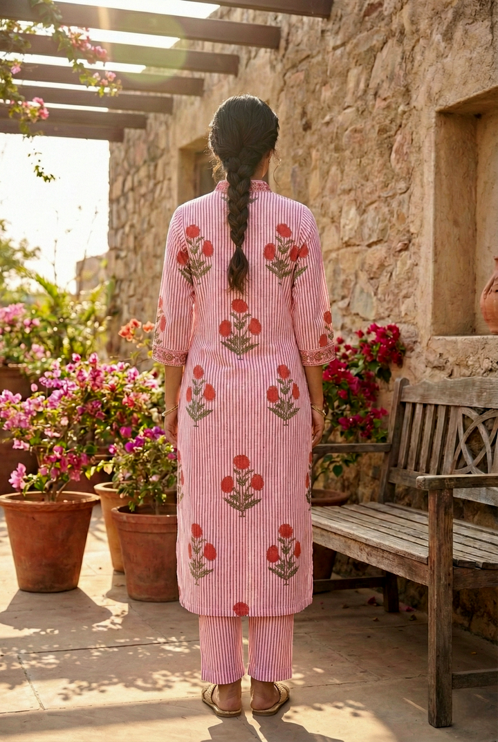 Red Cotton Striped And Floral Printed Two Piece Set
