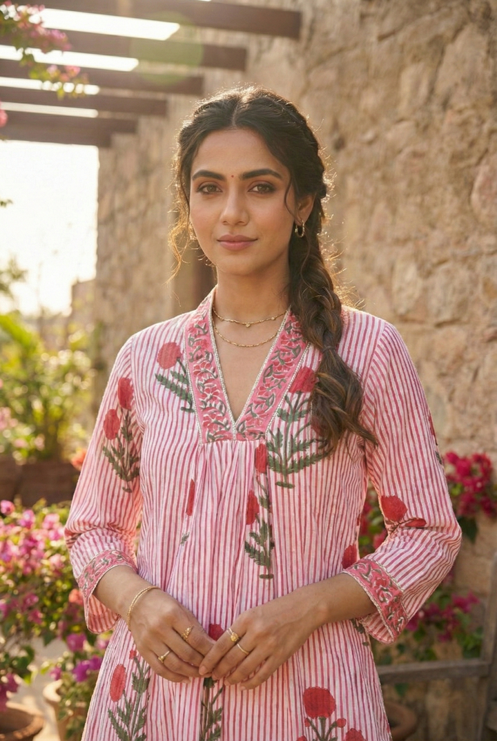 Red Cotton Striped And Floral Printed Two Piece Set