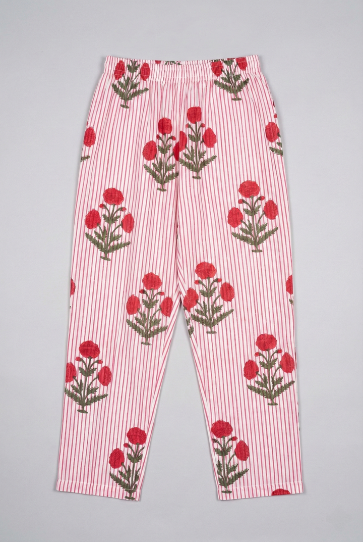 Red Cotton Striped And Floral Printed Two Piece Set