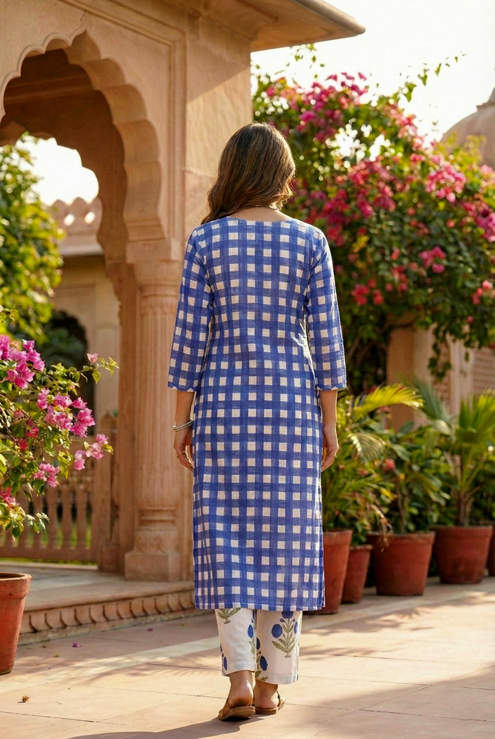Blue Cotton Floral Printed And Checked Two Piece Set