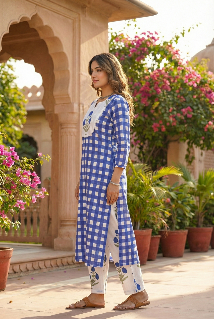Blue Cotton Floral Printed And Checked Two Piece Set
