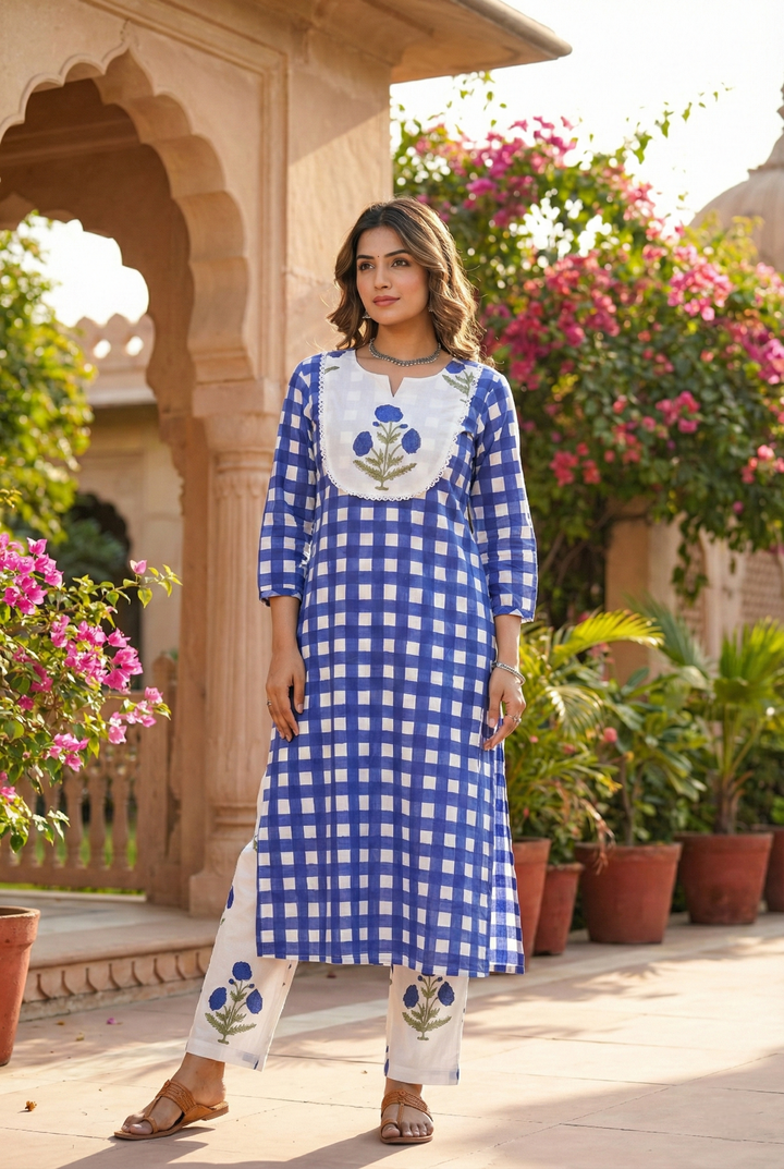 Blue Cotton Floral Printed And Checked Two Piece Set