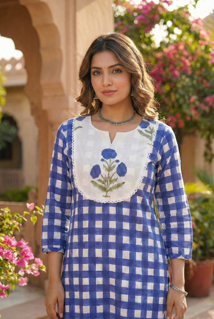 Blue Cotton Floral Printed And Checked Two Piece Set