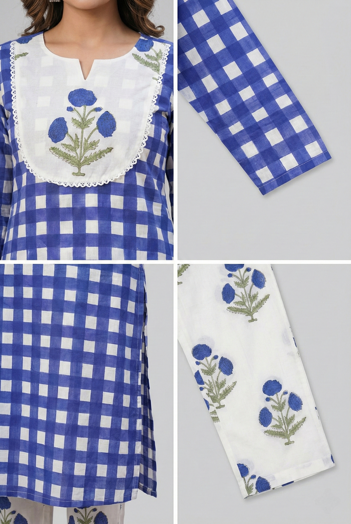 Blue Cotton Floral Printed And Checked Two Piece Set