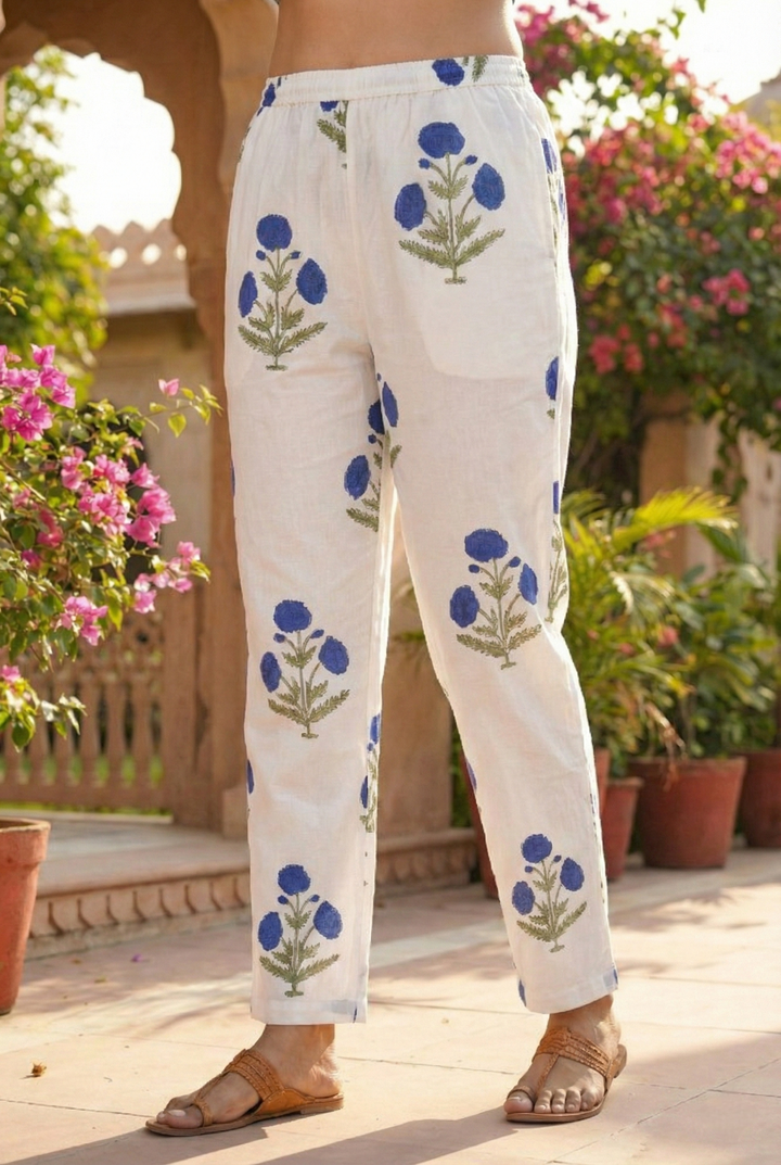 Blue Cotton Floral Printed And Checked Two Piece Set