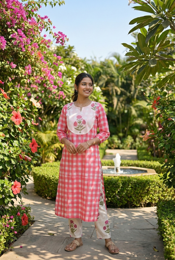 Pink Cotton Floral Printed And Checked Two Piece Set
