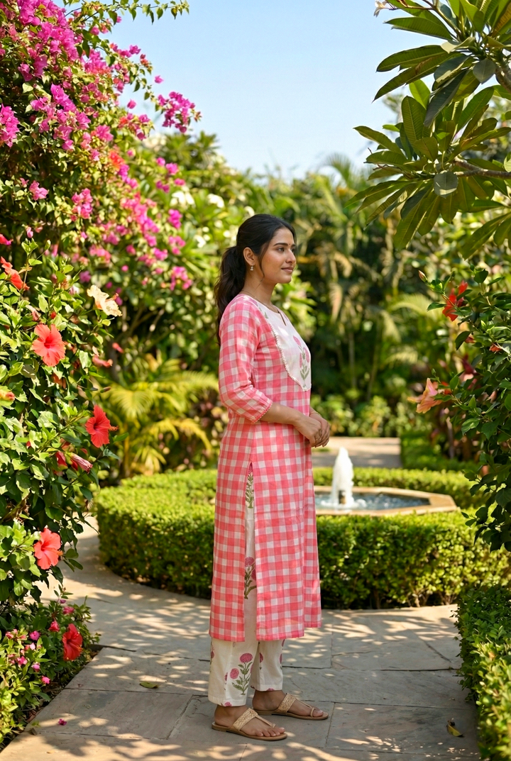 Pink Cotton Floral Printed And Checked Two Piece Set