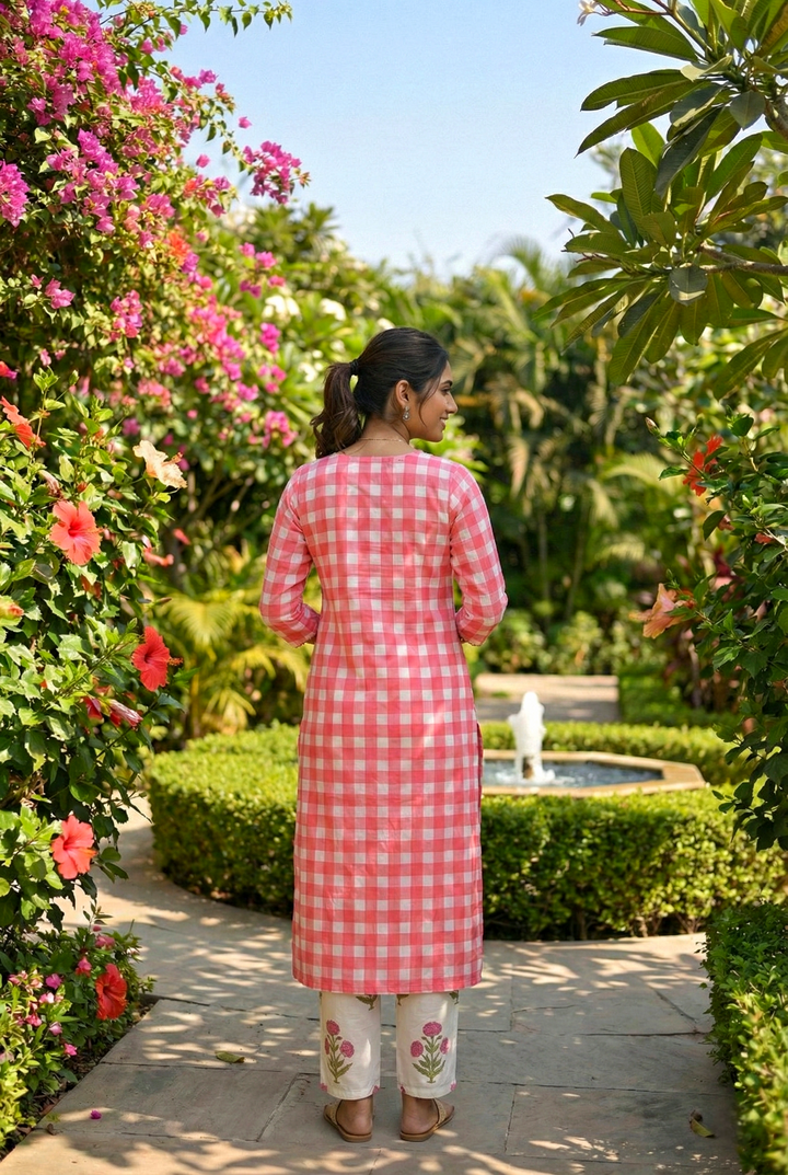 Pink Cotton Floral Printed And Checked Two Piece Set