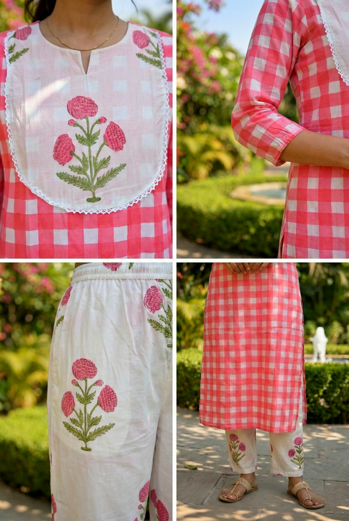 Pink Cotton Floral Printed And Checked Two Piece Set