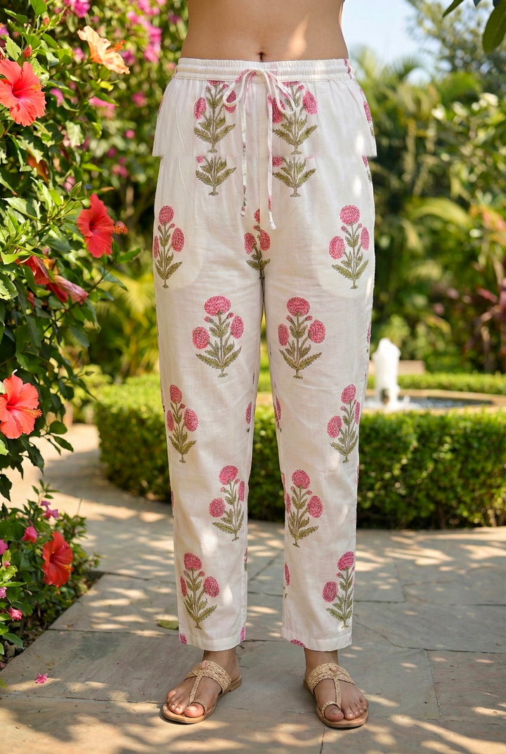 Pink Cotton Floral Printed And Checked Two Piece Set