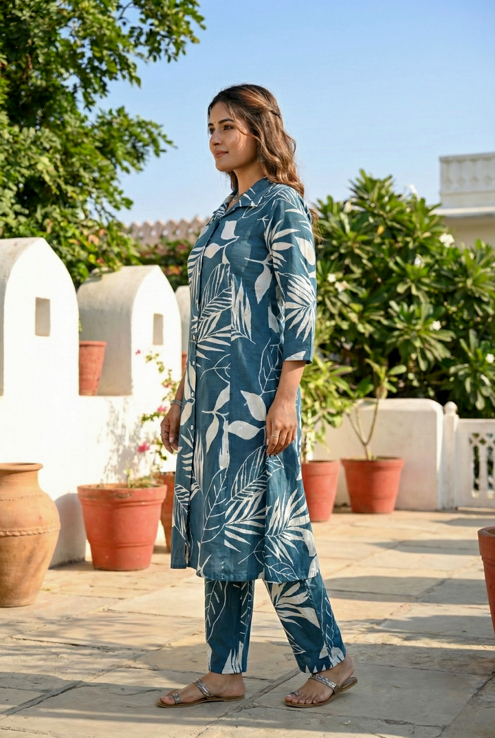 Teal Cotton Heavy Floral Printed Two Piece Set