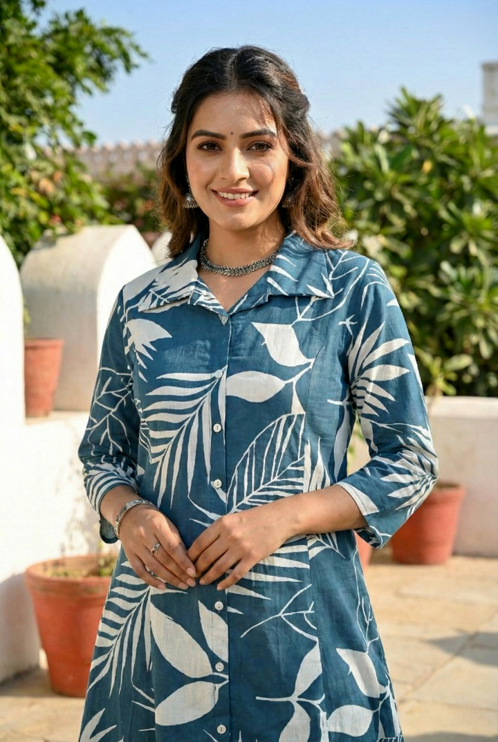 Teal Cotton Heavy Floral Printed Two Piece Set