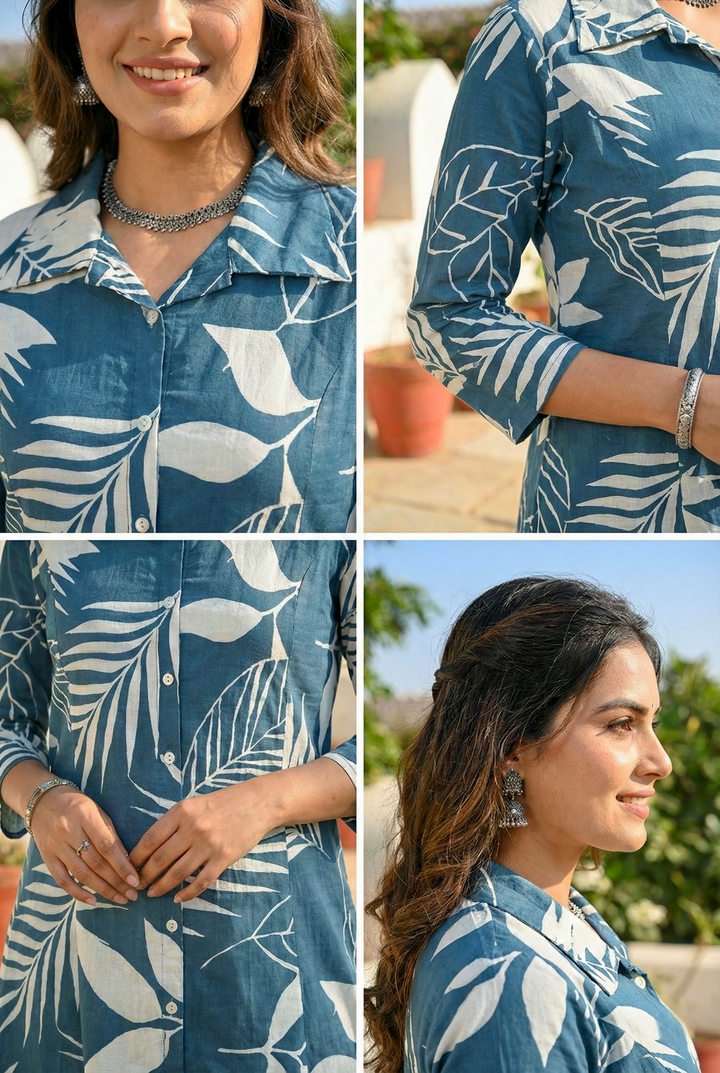 Teal Cotton Heavy Floral Printed Two Piece Set