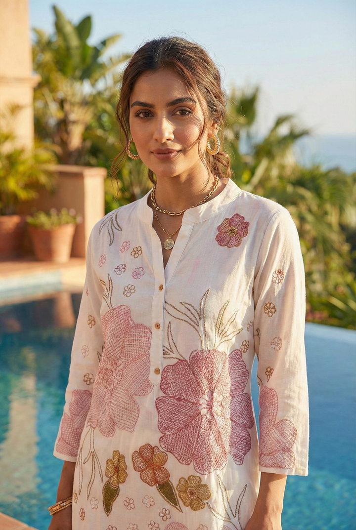 White Cotton Printed Two Piece Set