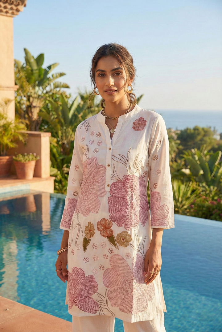 White Cotton Printed Two Piece Set