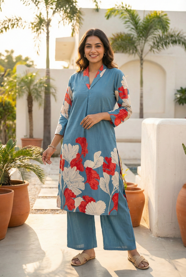 Teal Cotton Digital Printed Two Piece Set