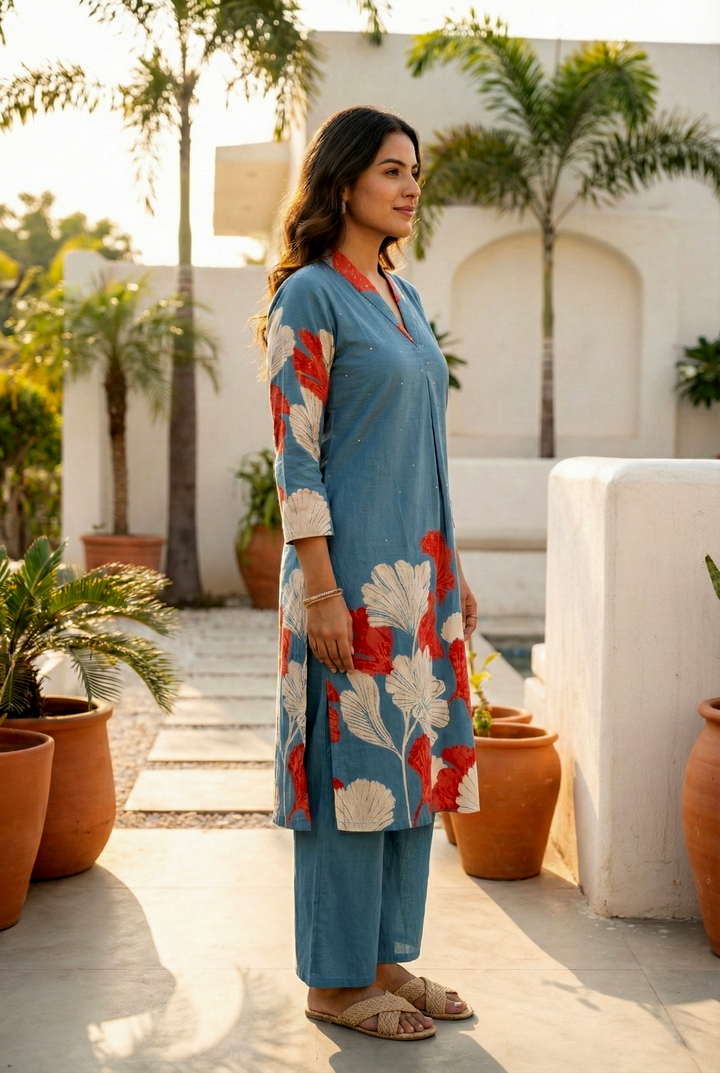 Teal Cotton Digital Printed Two Piece Set