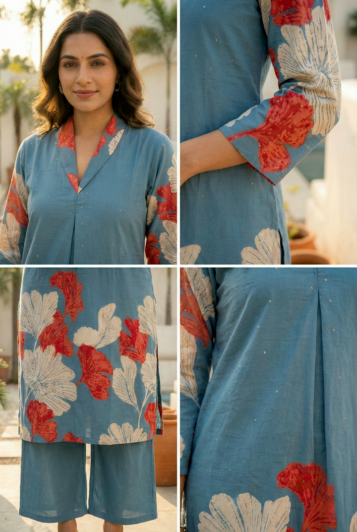 Teal Cotton Digital Printed Two Piece Set