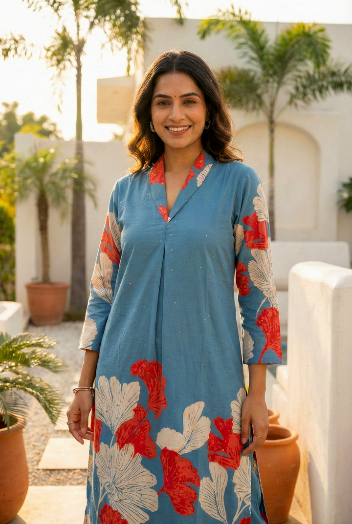 Teal Cotton Digital Printed Two Piece Set