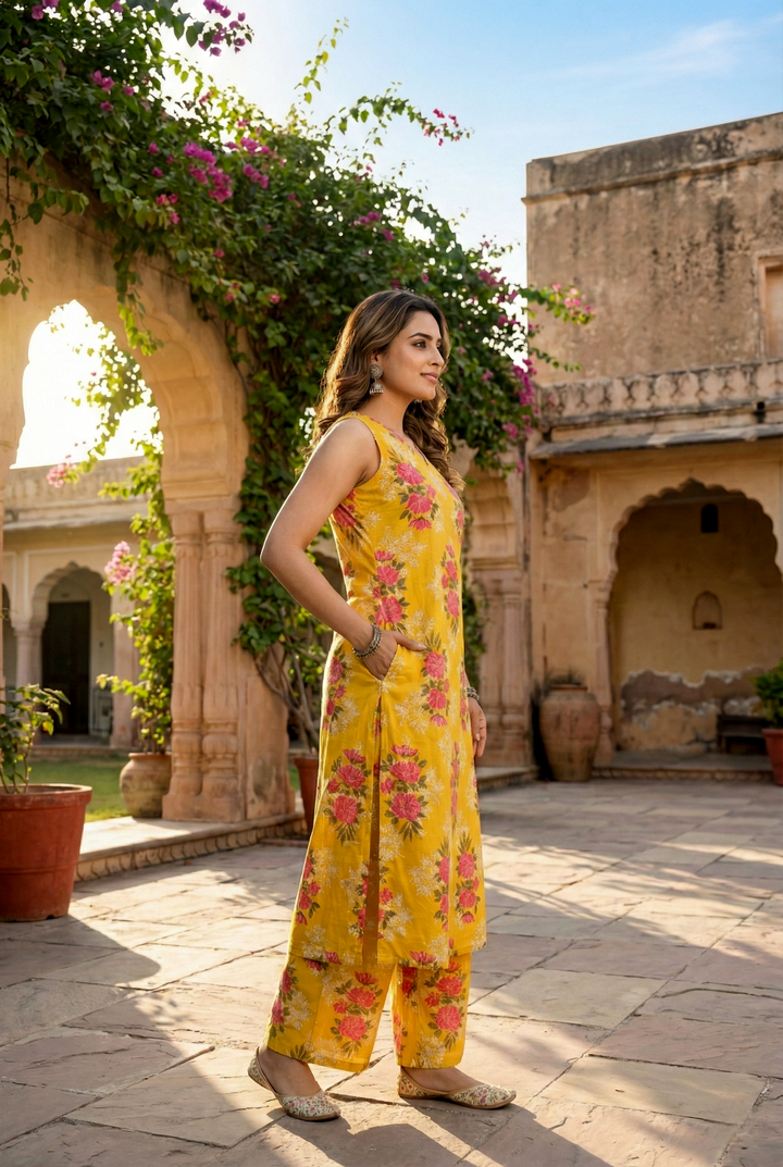 Neerus Yellow cotton digital printed kurta set - back view