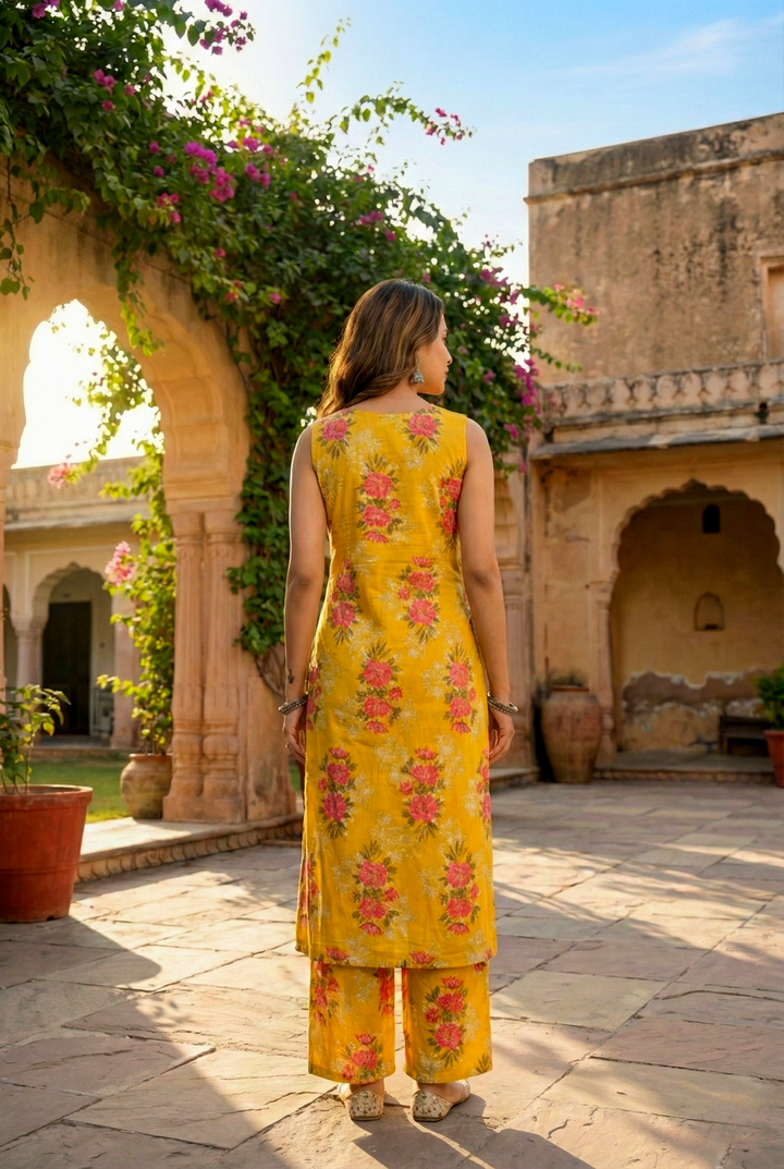 Neerus Yellow cotton digital printed kurta set - side view