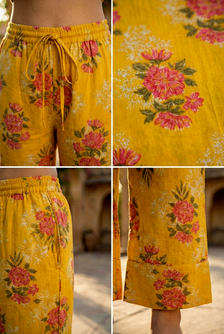 Neerus Yellow cotton digital printed kurta set - detail view 3