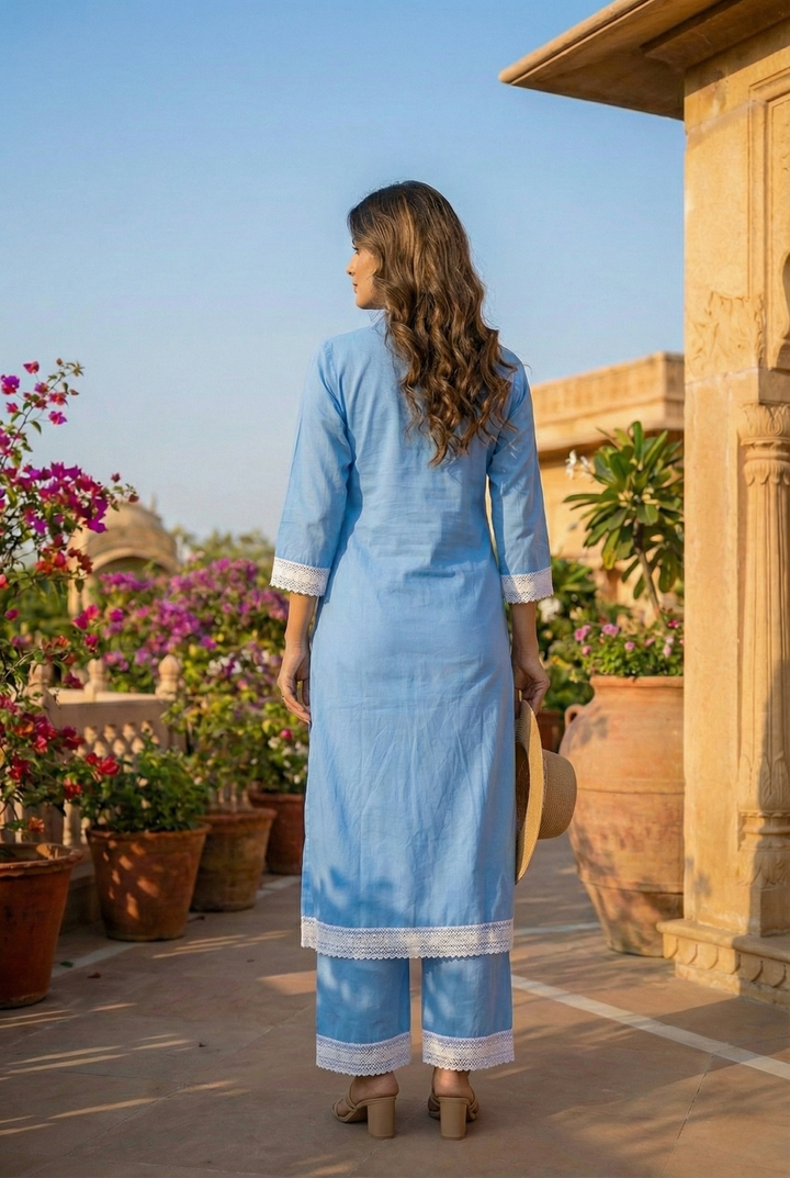 Neerus Blue cotton thread embroidered kurta set - back view