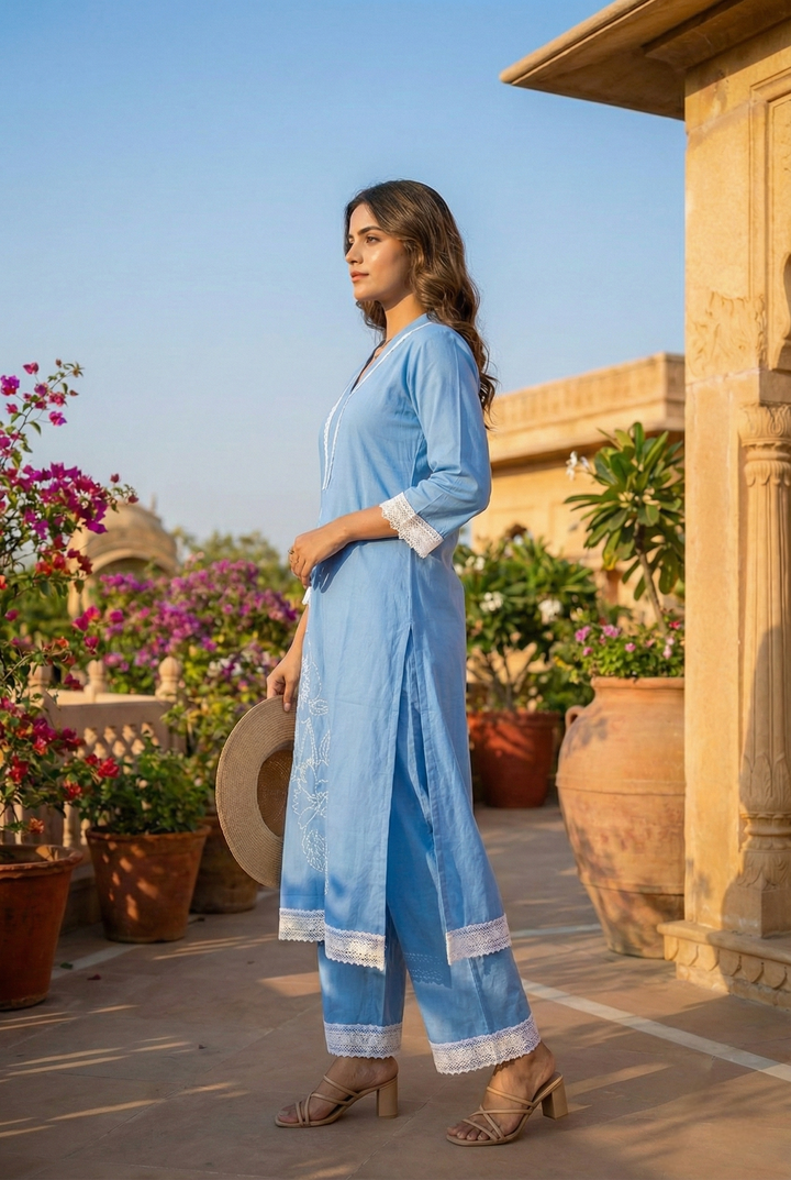 Neerus Blue cotton thread embroidered kurta set - side view