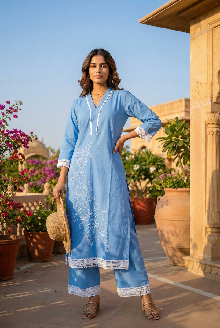 Neerus Blue cotton thread embroidered kurta set - front view
