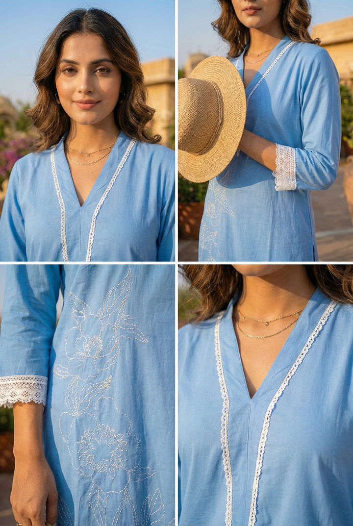 Neerus Blue cotton thread embroidered kurta set - detail view 1