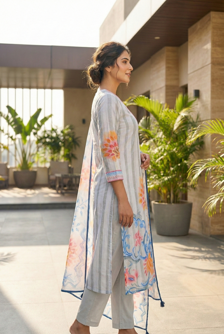 Grey Cotton Printed Three Piece Set